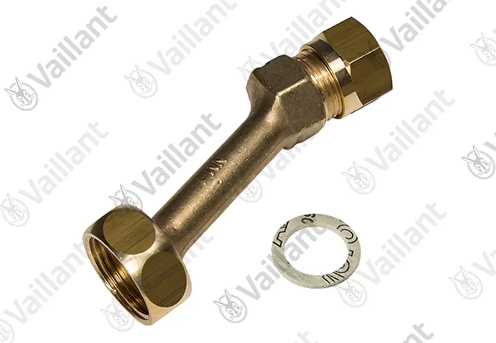 Vaillant Anschlussstück aus Metall mit zwei Sechskantmuttern und einer Unterlegscheibe, geeignet für Verbindungselemente in Heizungsanlagen.